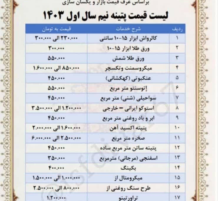 تصویر لیست قیمت پتینه‌کاری ۱۴۰۲